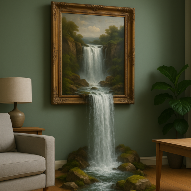 Ein Gemälde eines Wasserfalls, aus dem Wasser in einen Raum fließt, umgeben von Steinen.