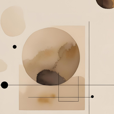 Abstrakte Komposition mit runden Formen in Erdtönen und geometrischen Linien.