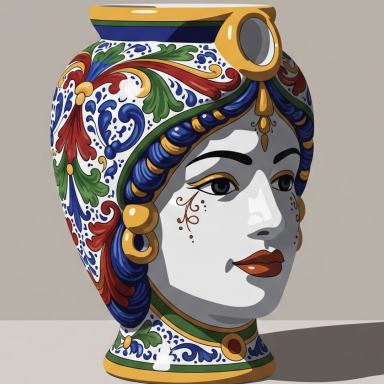 Vase mit farbenfrohem, floralem Design und einer Frauenfigur als Form.