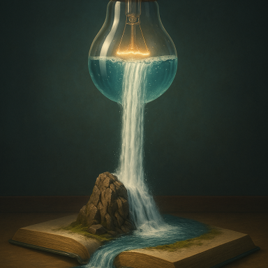 Eine Glühbirne mit Wasser, das über ein Buch und einen Felsen fließt.