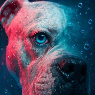 Nahaufnahme eines weißen Hundes mit einem blauen Auge vor einem aquatischen Hintergrund.