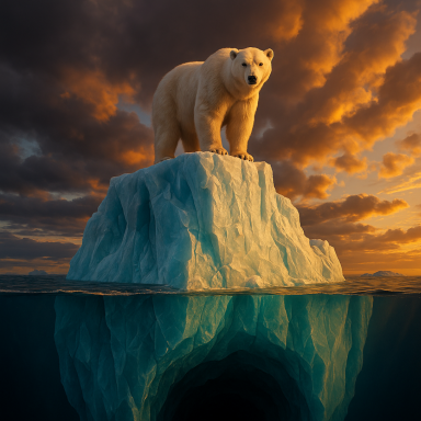Ein Eisbär steht auf einem Eisberg, umgeben von Wasser und dramatischen Wolken im Hintergrund.