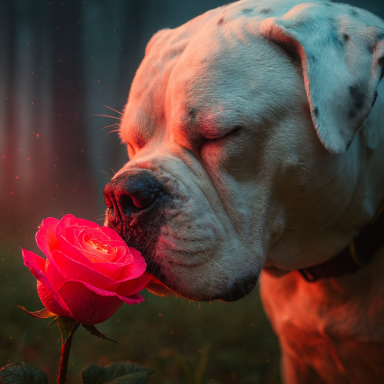 Ein Hund riecht an einer roten Rose im schwummen Licht des Waldes.