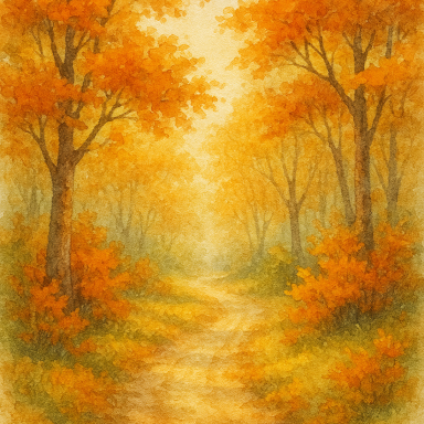 Herbstlicher Waldweg mit orangefarbenen Bäumen und weichem Licht.