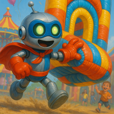 Ein fröhlicher Roboter mit roten Handschuhen und Umhang, der durch einen Spielplatz läuft.