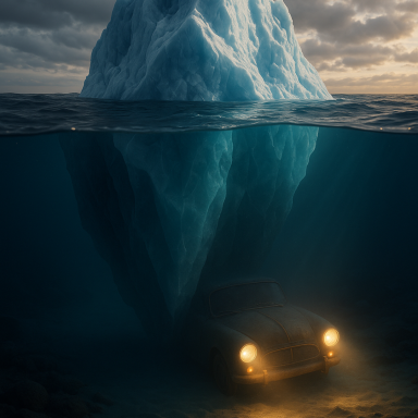 Ein Auto mit eingeschaltetem Licht ist teilweise unter Wasser, über ihm schwebt ein Eisberg.